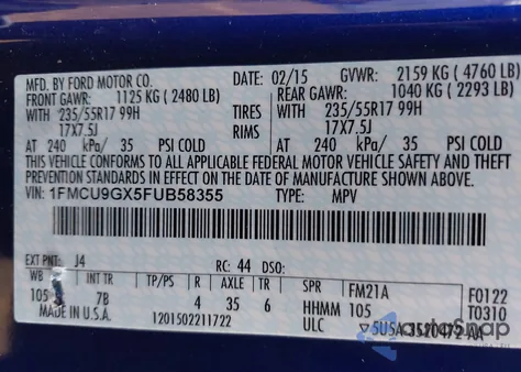 2015 Ford Escape Se из США, поврежденный, VIN 1FMCU9GX5FUB58355